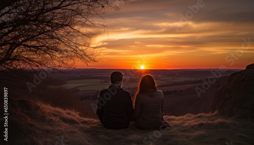 Photo of two people enjoying a beautiful sunset from a hilltop location
