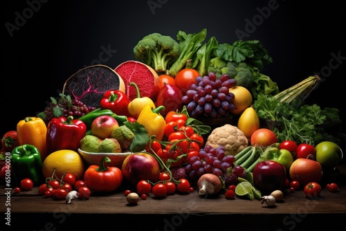 Composition with variety of raw organic vegetables and fruits. Balanced diet. Assortment of fresh organic fruits and vegetables  AI Generated