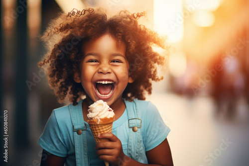 Joyful child enjoying an ice cream cone with a big smile