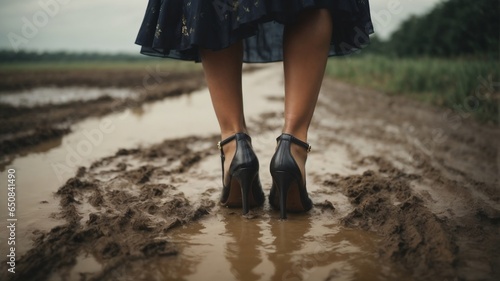 close up heeled shoes woman walking in mud.  Overcoming obstacles, reacting to defeats.  Never give up.  Power of women.  Female emancipation. AI generative.  photo