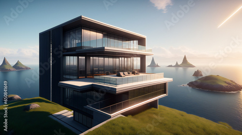 futuristic cube building overlooking a body of water. generative ai © petrovk