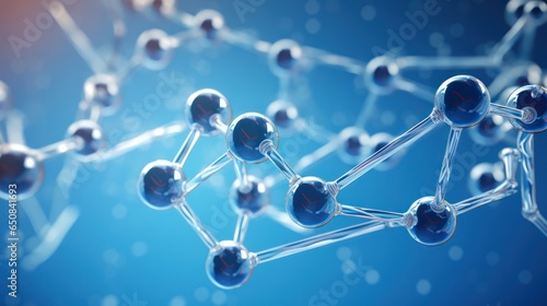 3d atom molecules chained together floating against blue background, generative ai