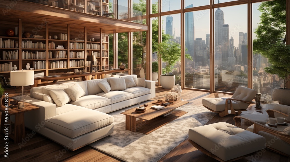 A modern interior design in a cozy apartment includes a living room with a white sofa and armchairs, creating a bright and welcoming room with a big window A modern interior design in a cozy apartment includes a living room with a white sofa and armchairs, creating a bright and welcoming room with a big window