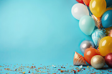 Multicolored carnival or birthday background on blue with a frame of colorful party balloons, streamers, confetti and candy.