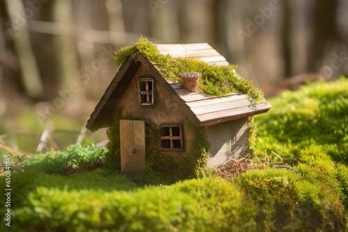 Wooden house places on grass in green the park, Home residents and environment ecology concept. A miniature figure of a wooden well against a background of thick mosses. ecological living concept.