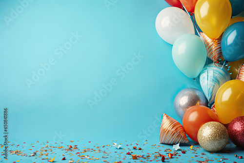 Canvastavla Multicolored carnival or birthday background on blue with a frame of colorful party balloons, streamers, confetti and candy