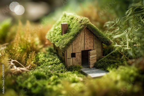 Wooden house places on grass in green the park, Home residents and environment ecology concept. A miniature figure of a wooden well against a background of thick mosses. ecological living concept.