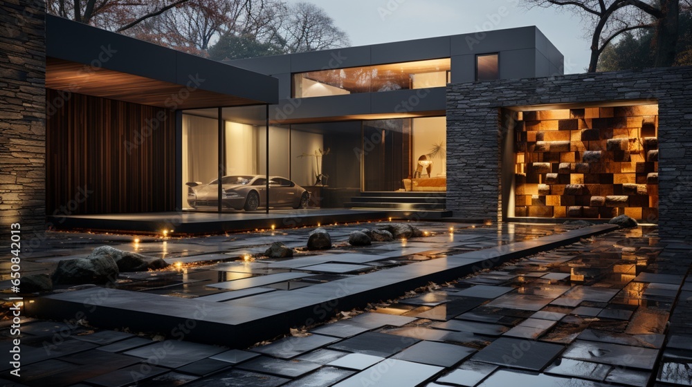 A modern minimalist private black house is adorned with stone tile ...