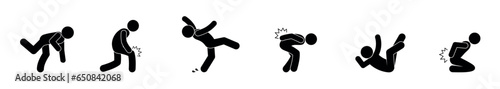 fall and injury illustration, stick figure man icon, isolated pictogram people