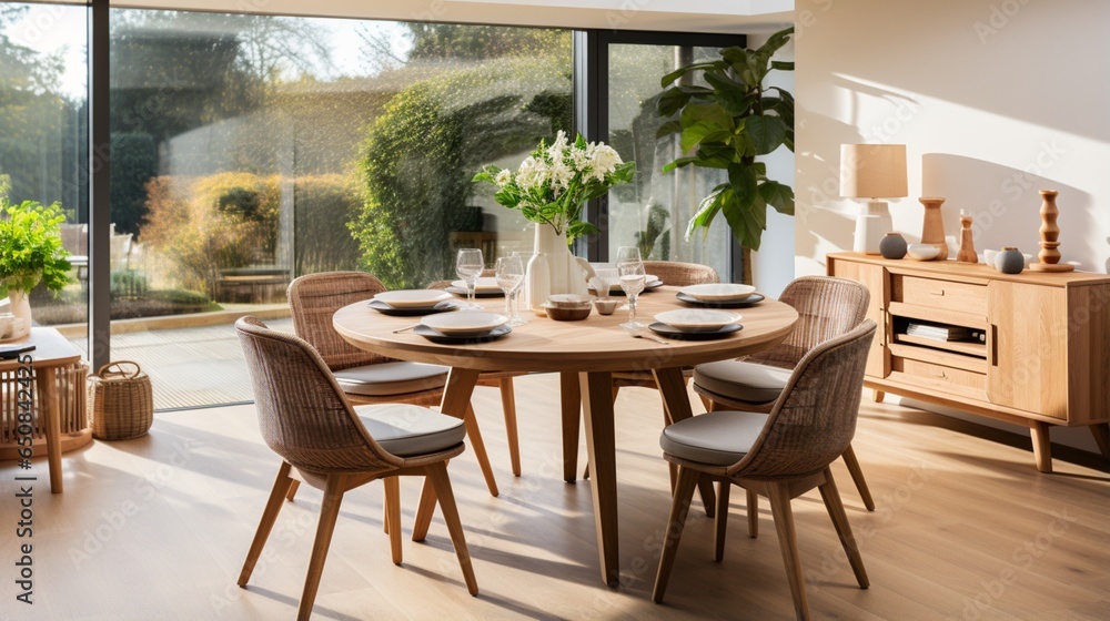 A natural wood round dining table and chairs are placed on a wicker rug in the dining room, accompanied by a wooden cabinet of a Scandinavian style home interior design of the modern living room