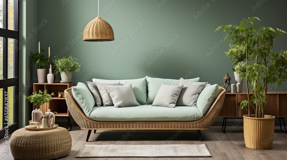 A rattan sofa with light green cushions, a wicker basket, and big plants stands against a green wall with a shelf, contributing to the Scandinavian interior design of the modern living room A rattan sofa with light green cushions, a wicker basket, and big plants stands against a green wall with a shelf, contributing to the Scandinavian interior design of the modern living room