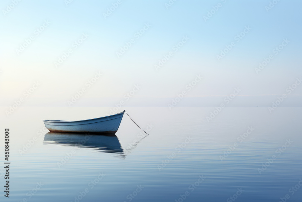 Minimalistic seascape with a single boat on calm waters