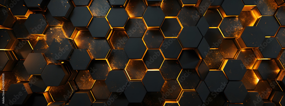 a geometric background with gold and black hexagons, in the style of rusty debris, detailed skies - obrazy, fototapety, plakaty 