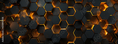 a geometric background with gold and black hexagons, in the style of rusty debris, detailed skies