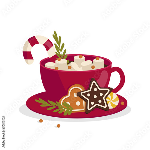 Christmas mug with hot drink. Marshmallow, cookie chips, gingerbread, candy, lollipop. Vector graphic.