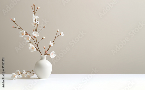 White vases with flowers in light colors in the style of a postcard with a place for text. Copy space, horizontal orientation, concept