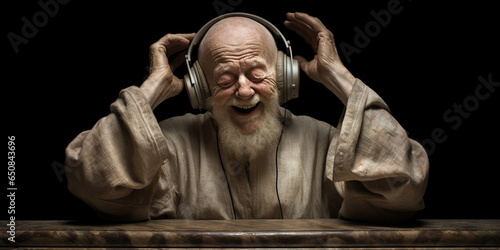 Joyful Aged Man with Headphones Embracing Music photo