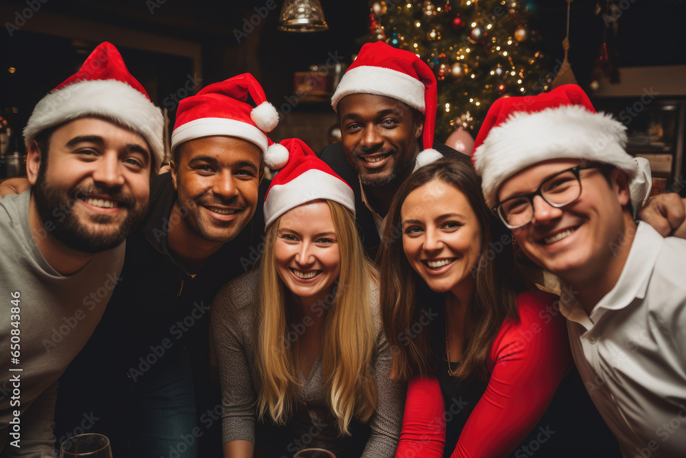 Office christmas party, people wearing santa hats and having fun Office christmas party, people wearing santa hats and having fun