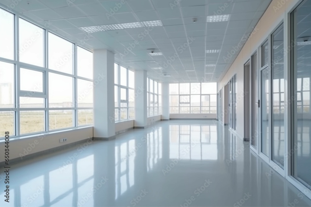 perspective view of modern hospital or clinic corridor interior. Conceptual of medical healthcare place for providing patient treatment. office background