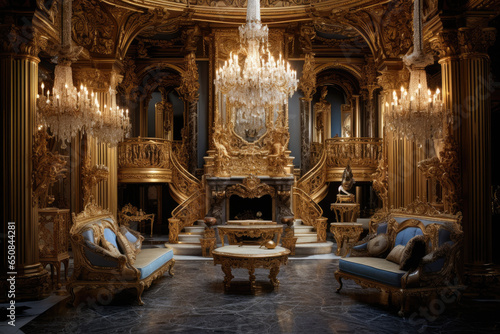 Interior with gold accents, such as ornate frames, chandeliers, and decor
