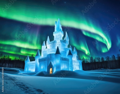 Ice castle in snowy forest and polar lights as a reminiscent of winter vacation travel to Norway or to the North Pole during Christmas cholidays or New year holiday trip photo