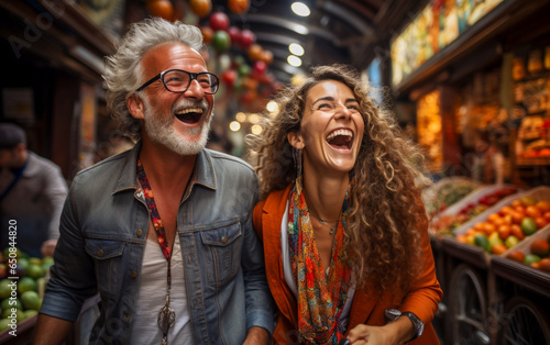 Man and woman with a happy expression, laughing with open mouths while shopping at a vegetable market