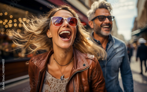 Man and woman with happy expression, laughing with open mouth while shopping in a center town street