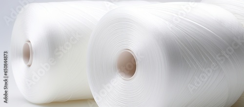 Recycled white PET chips and raw white polyester FDY yarn on white spools