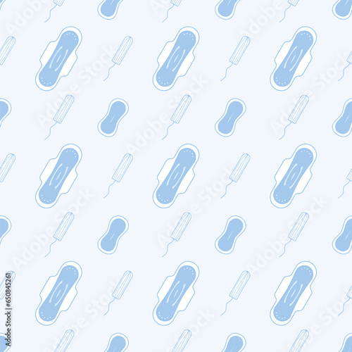 Seamless pattern with elements of women's hygiene in blue colors. Menstrual cycle, sanitary pads, tampons, vector illustration in flat style.