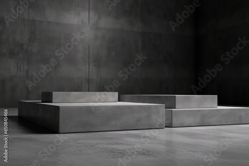 Three abstract concrete blocks in black and white