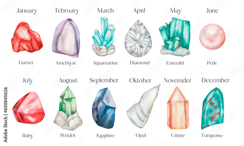 Zodiac signs and their gemstones on color background. Stones and minerals for each month. - obrazy, fototapety, plakaty 