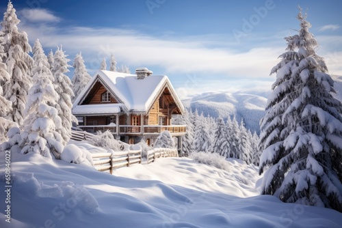 cozy mountain chalet nestled in a pristine snow-covered landscape, offering a picturesque winter getaway - Generative AI © Hanjin