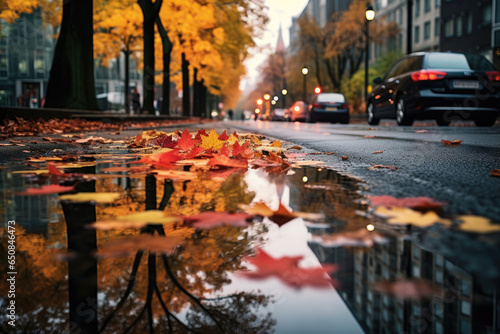 Rainy urban street with reflections of colorful fall foliage in puddles