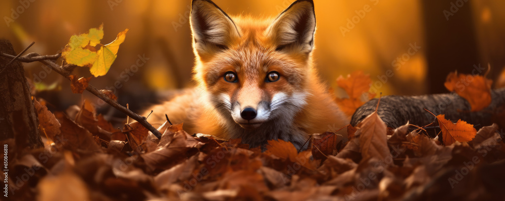Red fox in its natural habitat, surrounded by fallen leaves and a warm autumn glow