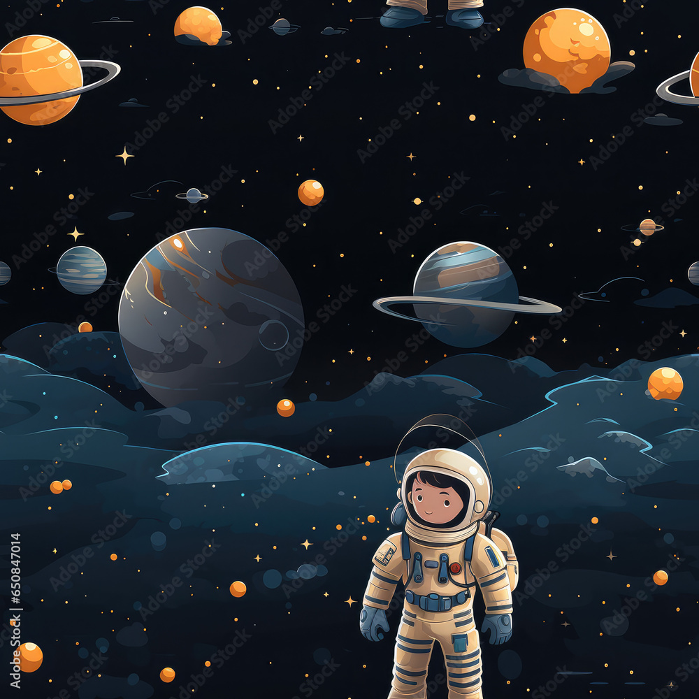 Astronaut in space cartoon seamless repeat pattern	