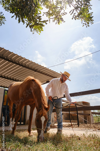 western man grooming and feeding his horses on his ranch
