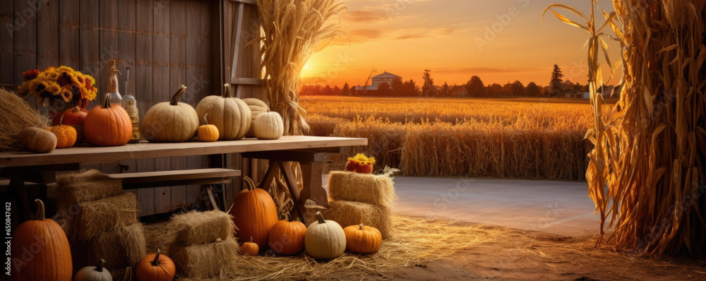 Country barn with haystacks, pumpkins, and a golden sunset - obrazy, fototapety, plakaty 