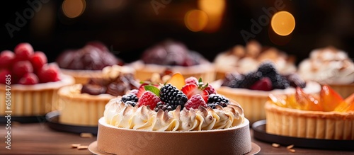 Fotografia Pie bakery and pastry closeup with food product dessert of choice in upscale hos