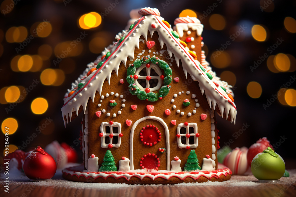 Food, Christmas and New Year holidays concept. Gingerbread house and cookies with Christmas style decorations. Cozy festive mood. Generative AI