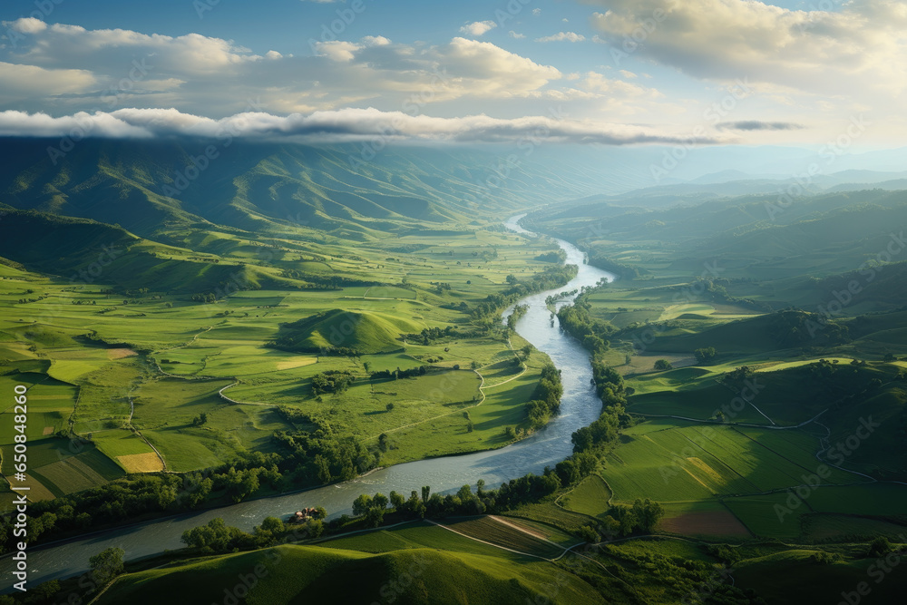 Countrysides Traditional Rivers Bird's-eye view of a tranquil countryside, with rolling hills ...