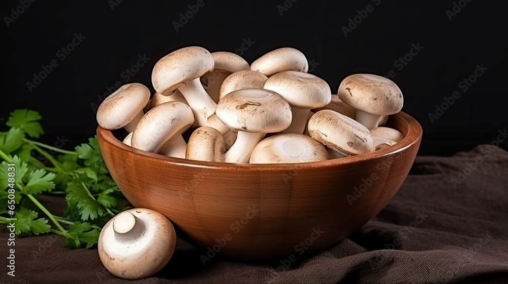 Close-up of fresh white champignon mushrooms in a rustic brown bowl on a clean white background. Perfect for your culinary creations. Close-up of fresh white champignon mushrooms in a rustic brown bowl on a clean white background. Perfect for your culinary creations.