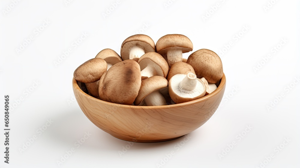 Close-up of fresh white champignon mushrooms in a rustic brown bowl on a clean white background. Perfect for your culinary creations.