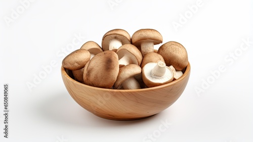 Close-up of fresh white champignon mushrooms in a rustic brown bowl on a clean white background. Perfect for your culinary creations.