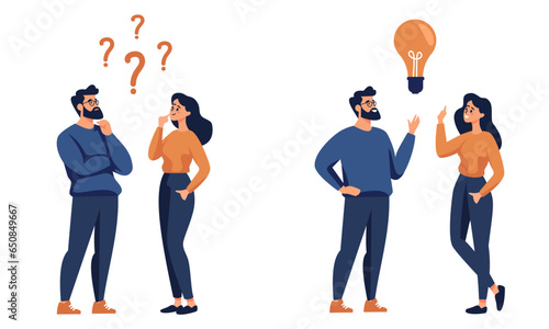 Flat vector illustration. A woman and a man are discussing issues, thinking about making a decision, coming up with an idea. The concept of finding the right solution and idea. Vector illustration © Alena