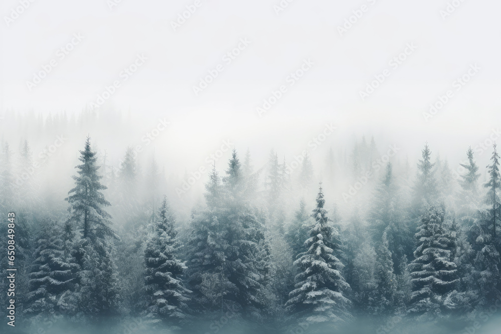 Snowy forest landscape with towering pine trees and a soft winter haze Snowy forest landscape with towering pine trees and a soft winter haze
