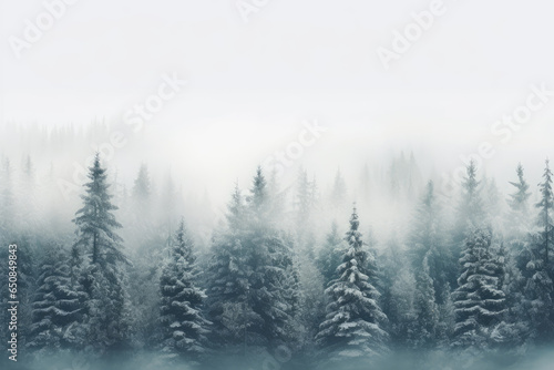 Snowy forest landscape with towering pine trees and a soft winter haze