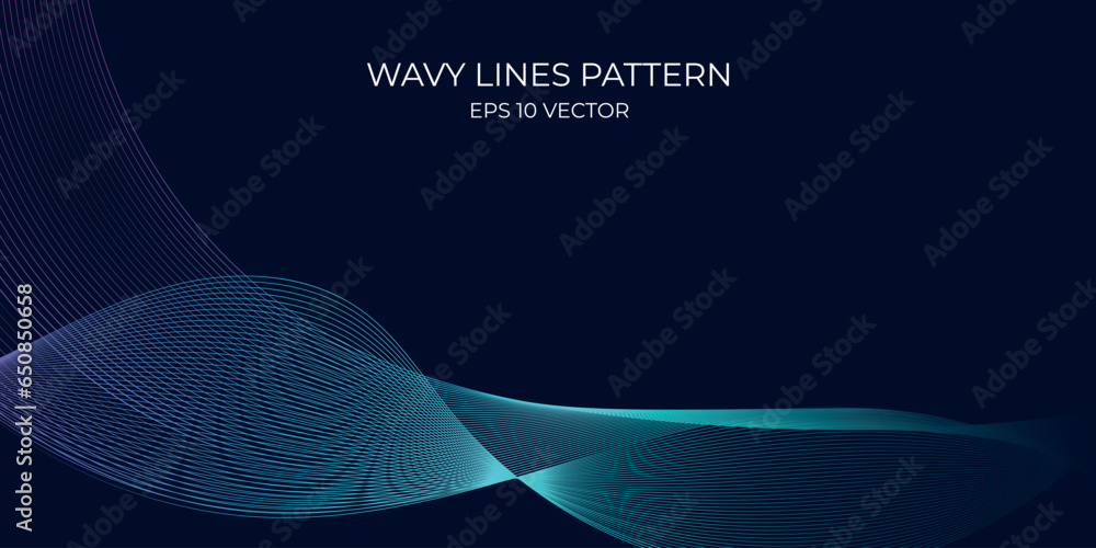 Vector wavy lines pattern smooth curve flowing dynamic blue green gradient light isolated on navy background. Concept for technology, digital, communication, science, music. Vector wavy lines pattern smooth curve flowing dynamic blue green gradient light isolated on navy background. Concept for technology, digital, communication, science, music.