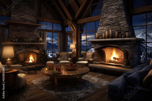 The inviting glow of a fireplace inside a snow-covered lodge  where guests can unwind after a day of winter activities - Generative AI