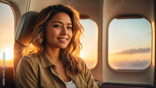 Happy young woman in airplane seats with sunset light, travel departure, tourist on airplane. AI Generative © Digital Art Studio