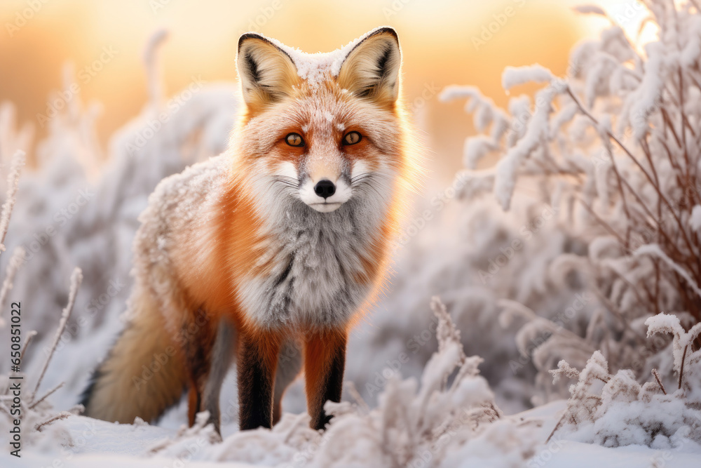 Fototapeta premium Red fox with its fur adapted to winter's white landscape